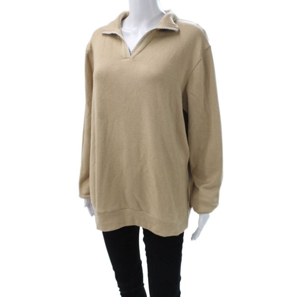 Muze Women Beige Wool Blend Collared Zip Pullover Sweatshirt Size XL - Picture 2 of 5